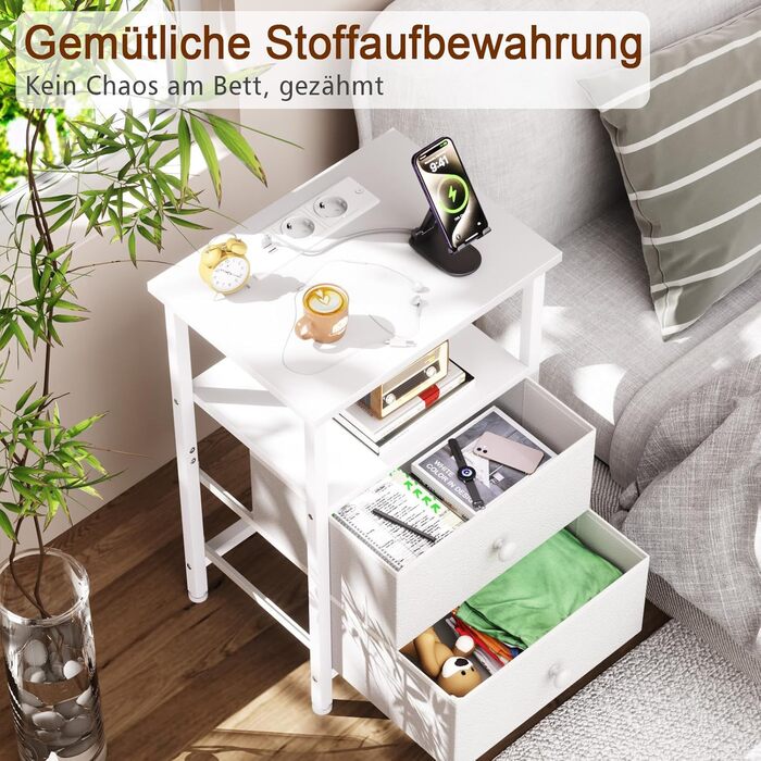 Нічний столик AMHANCIBLE з підзарядкою, приліжкові столики з висувними ящиками з тканини, журнальний столик з відкритою полицею, з 2 USB-портами та 2 розетками, для спальні та вітальні, HETS020GY-1 (Білий)