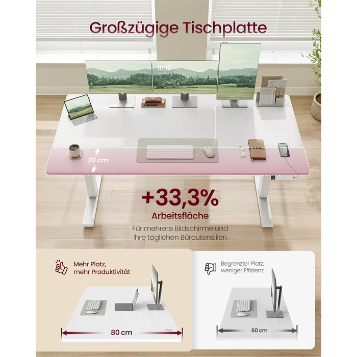 Стол для роботи VASAGLE з регулюванням висоти 160x80 см, USB-C, підставка для розеток, стоячий стіл, нагадування про перерви, 3 пам'яті, для офісу, матовий білий