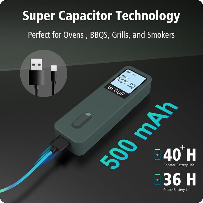 Термометр для м'яса BFOUR BF-30 PRO: бездротовий Bluetooth термометр-щуп з LCD-дисплеєм, IP67 водонепроникний, для приготування на грилі, в духовці, на кухні (зелений)