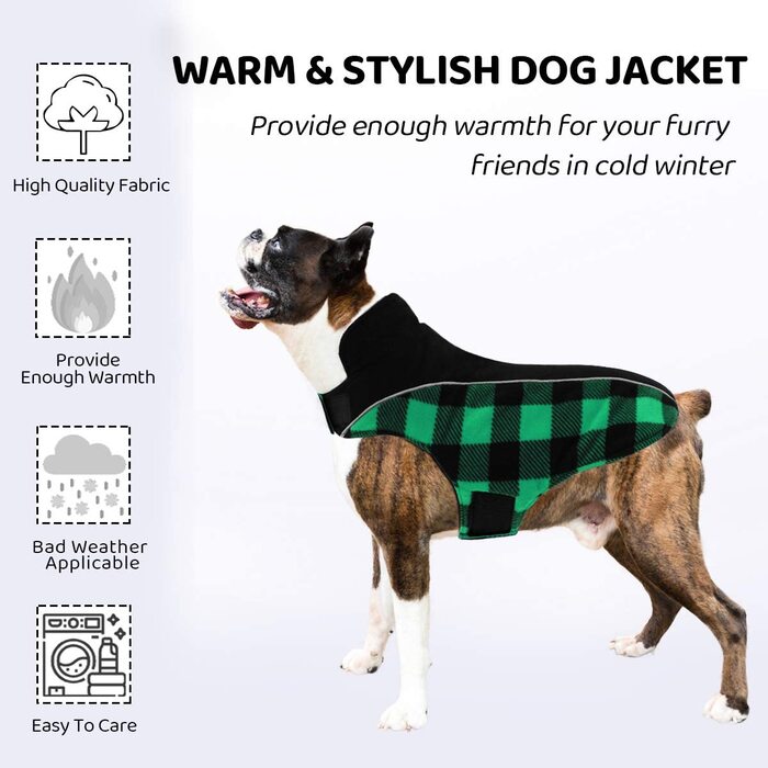 Зимова водонепроникна вітрозахисна куртка для собак середнього розміру, бавовняна куртка для собак з отвором для ременя безпеки, Світловідбиваюча тепла регульована, зелена, м зелена картата куртка для маленьких і великих собак