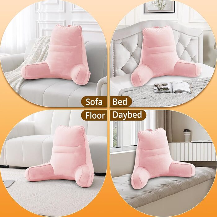 М'яке спинне крісло-подушка Sasttie для ліжка, рожеве, з кишенями та підлокітником