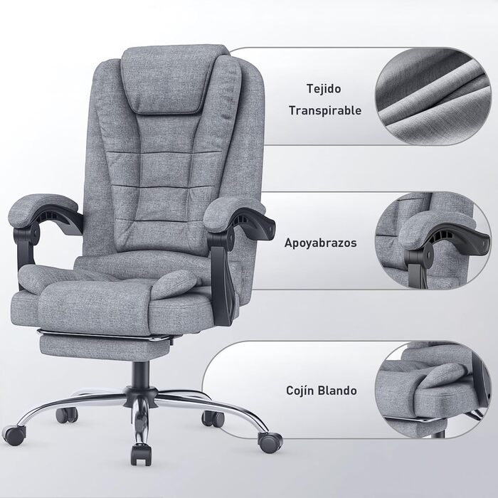 Офісний крісло Rattantree з підніжкою, ергономічний, для комп'ютера, з підлокітниками, регульований, для керівника, сірий, тканина