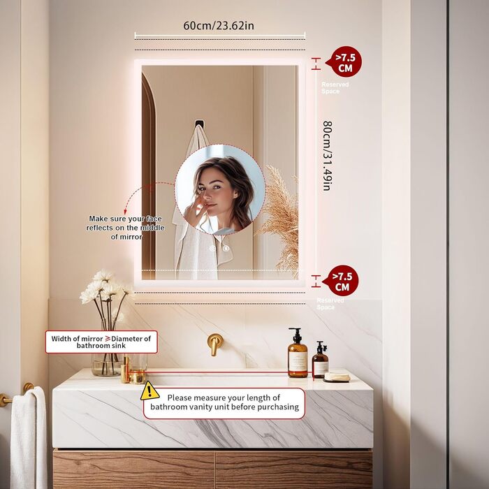 Дзеркало для ванної кімнати LUVODI з підсвічуванням 40x50 см: регульоване LED дзеркало з 3 кольорами світла, сенсорне керування, антизапарник, водонепроникне, настінне, горизонтальне/вертикальне встановлення (80x60 см)