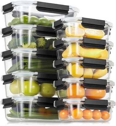 Набір контейнерів для зберігання продуктів FE1537-чорний (20 шт.): контейнери + кришки, миюча посуду, для мікрохвильовки та морозильника, герметичні