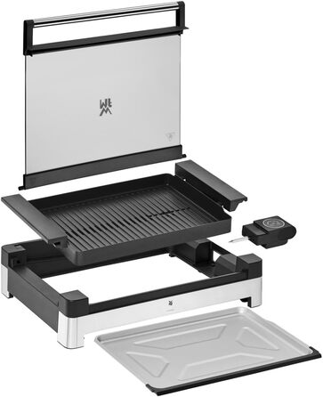 Електричний гриль WMF Lono з кришкою з термостійкого скла, антипригарне покриття, знімний збірник жиру, придатний для миття в посудомийній машині, матова нержавіюча сталь, 2200 Вт, Single