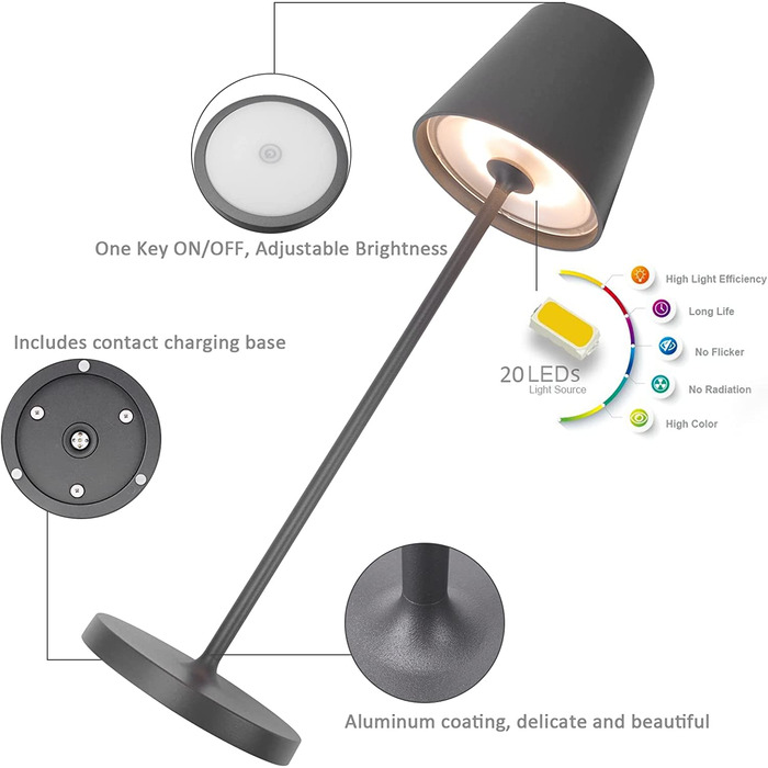 Настільна лампа з регульованою яскравістю K-Bright / внутрішня і зовнішня акумуляторна батарея / теплий світлий колір / водонепроникний IP54 / 240lm / настільна лампа з USB-зарядним пристроєм / Темно-сірий