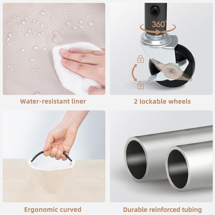 Сортувальник для білизни Storage Maniac з 3 відділеннями, 136 л, з міцними колесами, знімні кишені, кошик-органайзер для одягу (Бежевий)