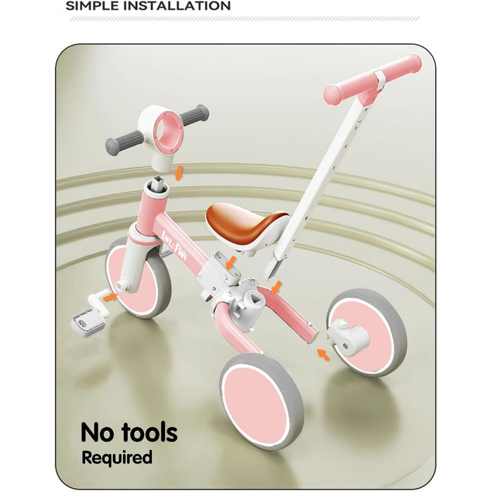 Дитячий біговел-триколіс LOL-FUN 5-в-1 з ручкою, рожевий - для хлопчиків та дівчаток від 1 року