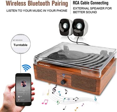 Вініловий програвач Udreamer з Bluetooth, вбудованими динаміками, пасиковим приводом, 3 швидкостями, вінтажний, для домашнього використання, коричневий