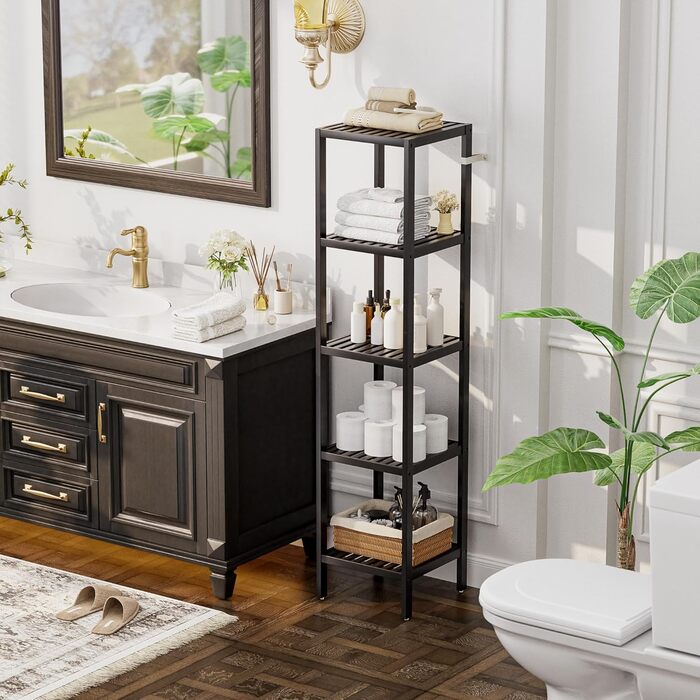 SMIBUY Поличка для ванної кімнати, 5 ярусів, бамбукова поличка, органайзер, багатофункціональна поличка для вітальні, спальні, кухні (Чорний)
