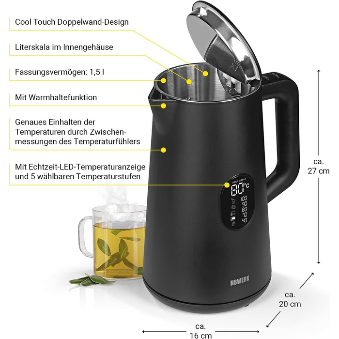 Цифровий чайник N8WERK 1,5 л, налаштування температури та підтримка тепла, LED-дисплей, темно-чорний