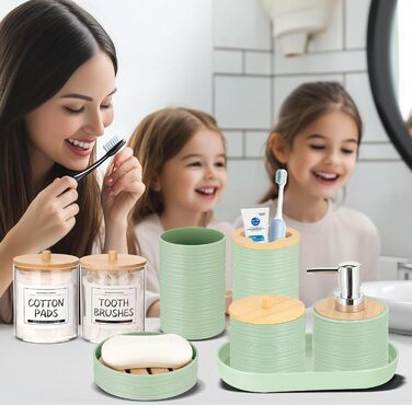 Набір аксесуарів для ванної кімнати IMAVO, 9 предметів: сміттєвий бак, дозатор мила, мильниця, тримач для зубних щіток, стакан для зубних щіток, тримач для унітазного йоржика, дозатор ватних паличок (зелений, 26 предметів + душова завіса + килимки)