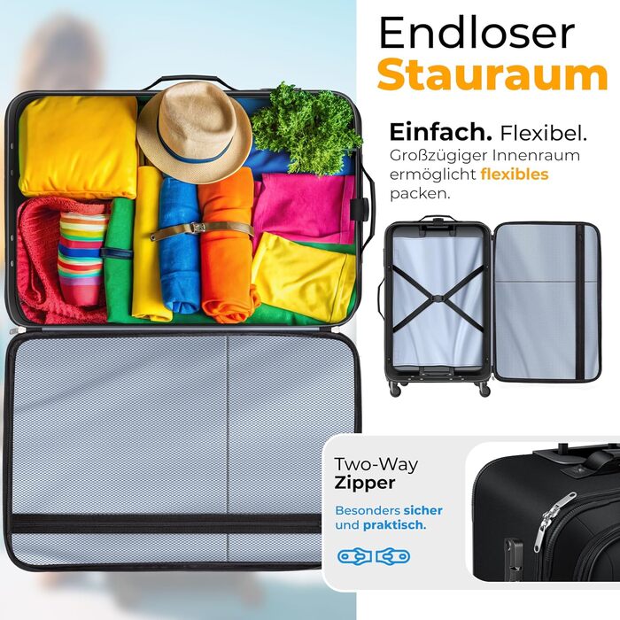 Набір валіз KESSER® 4-в-1: чорний дорожній набір з TSA-замком, 360° колесами та телескопічною ручкою | Чемодан, сумка для косметики, ручна поклажа, велика валіза для подорожей та бізнесу