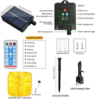 Сонячний світлодіодний мотузковий ліхтар JIMACRO, водонепроникний IP65, 22 м 200 світлодіодів, 8 режимів, теплий білий для зовнішнього декору