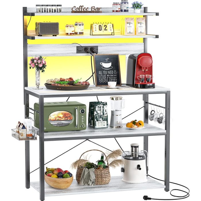 Кухонна полиця-стійка з розеткою, підставка для мікрохвильовки, 5-рівнева кавова станція з LED-підсвіткою, полиця для спецій, каструль та сковороди (80см, Білий дуб)