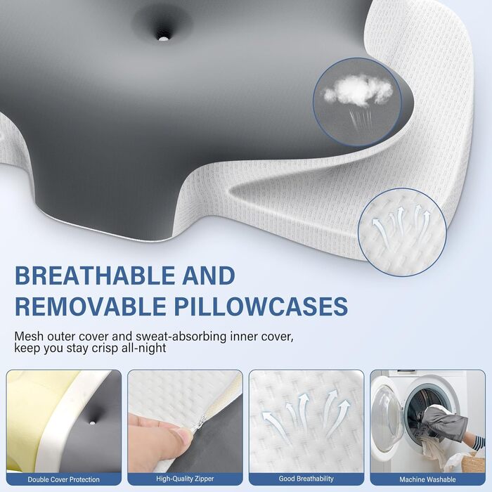 Подушка для шиї з піною з пам'яті, дихаюча, ергономічна, 65x37x10/12см, сіра