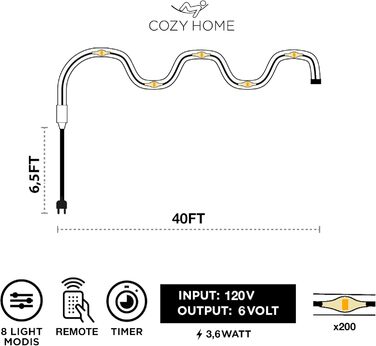 Світлодіодна трубка CozyHome 200 LED - 8 режимів і таймер - 12 м з Plug I Outdoor & Indoor Christmas Decoration