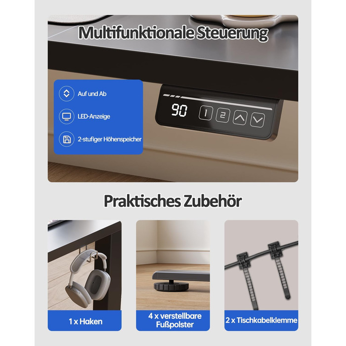 Електричний регульований стіл Devoko 120x60 см: стіл для стоячи/сидячи, офісний, з пам'яттю, чорний