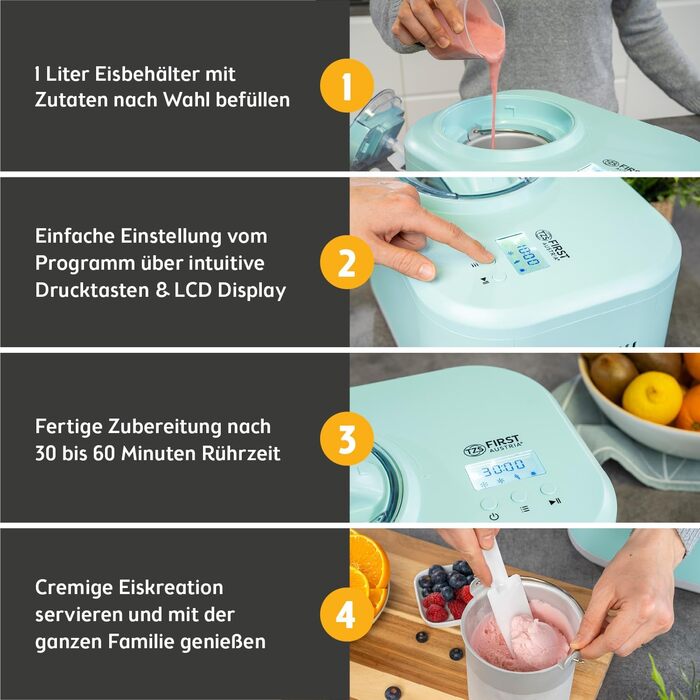 Електрична морозиво-машина TZS First Austria 1L з компресором 3-в-1 - для морозива, сорбету та замороженого йогурту, з мірним стаканчиком та лопаткою, колір м'ятний