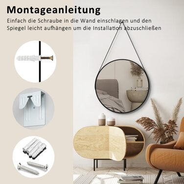 Круглий дзеркало Boromal Schwarz діаметром 40 см з реміннем, велике кругле дзеркало для ванної кімнати, спальні, вітальні, передпокою, з підвішуванням на стіну, з шкіряним реміннем