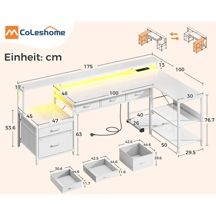 Комп'ютерний стіл кутовий Coleshome з шухлядами, 195x100 см, з розеткою, LED-підсвіткою та підставкою для монітора, реверсивний, з полицею для офісу