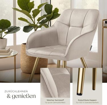 Крісло tectake® з велюровою оббивкою, сучасні кухонні стільці, зручний крісло для вітальні, стілець для їдальні, стілець для туалетного столика - (набір 1 шт, пудровий/золотий)