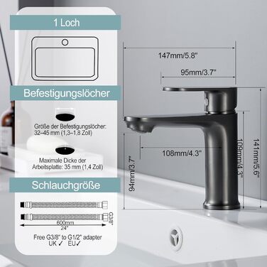 Набір змішувачів для ванної кімнати Belz, латунь, однозахватний, для мийки, сірий, темно-сірий