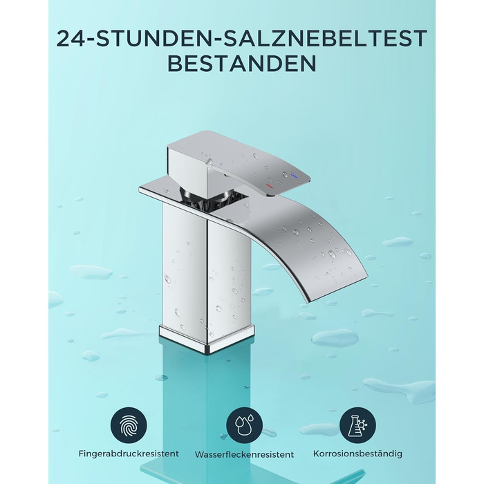 Змішувач для ванної кімнати FORIOUS з водоспадом, одноручний, хром, висота виливу 80 мм, економія води та енергії