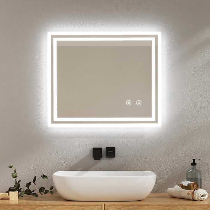 Дзеркало для ванної кімнати EMKE з підсвічуванням 50x60 см, антизапарник, холодний білий, диммер, сенсорне управління, функція пам'яті, автоматичне вимкнення через 3 години, IP44, енергозберігаюче, 60L x 50B см