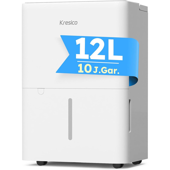Електричний осушувач повітря Kresico 12L/24H для підвалу та приміщень до 122 м³, 35dB, таймер, шланг 1м, фільтр, 10 років гарантії