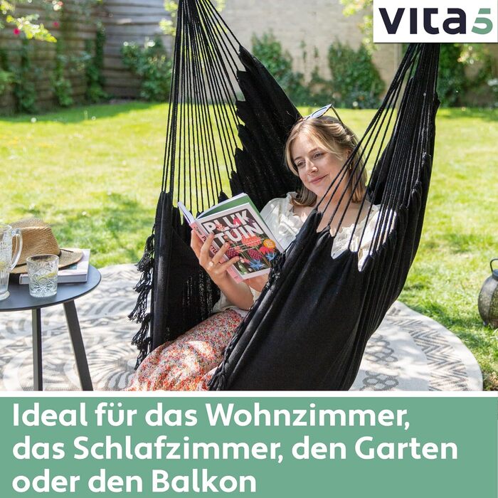 Підвісне крісло на відкритому повітрі - Стійке та безпечне крісло-гамак - Стильне підвісне крісло для приміщень - Гойдалки для дорослих та дітей - Зручне оформлення кімнати в стилі бохо - Вантажопідйомність 200 кг (чорний), 5