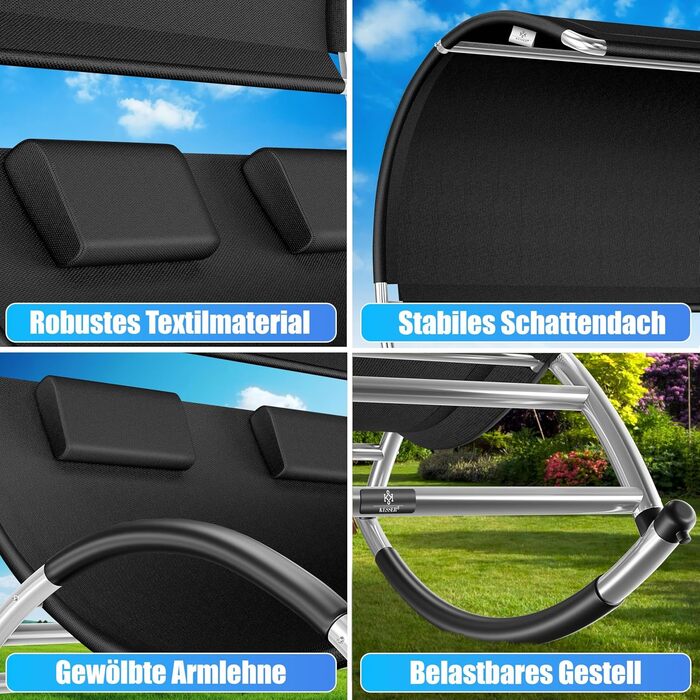 Кесер® Подвійна шезлонг для відпочинку з сонцезахисним дахом, подушкою для голови та кишенею для 2 осіб, чорний