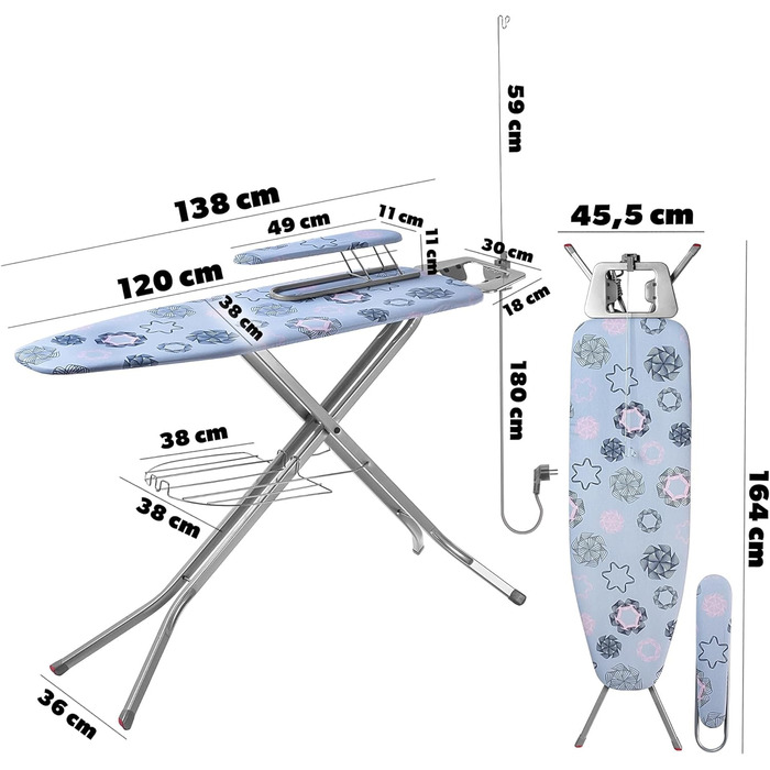 Прасувальна дошка KADAX з вбудованим подовжувачем, складна прасувальна дошка з тримачем кабелю, парова прасувальна дошка з висувною полицею для одягу (синя)