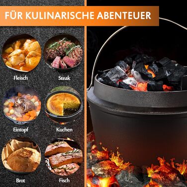 Нідерландський горщик (Dutch Oven), набір 9 літрів, чавунний горщик з кришкою-підйомником, 2-в-1, для приготування їжі на відкритому вогні та в приміщенні, чорний