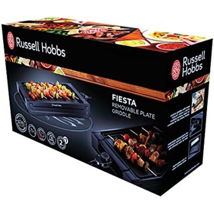 Рашет гриль Russell Hobbs на 8 персон з 8 сковородами та дерев'яним шпателем, 2 грильні пластини: з натурального каменю з жолобом для соку та антипригарне двостороннє рельєфне/тепаньякі, гриль для піци, 26280-56 (настільний гриль)