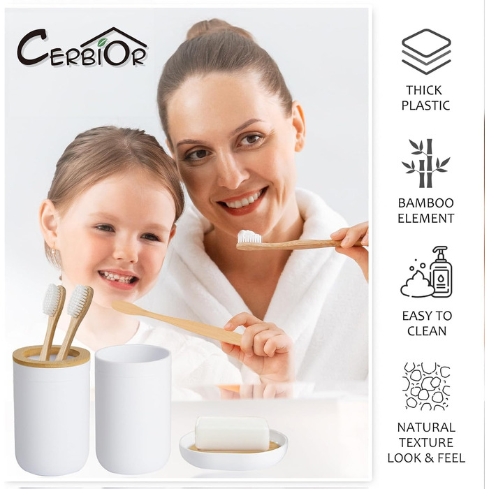CERBIOR Набір аксесуарів для ванної кімнати з бамбука, 6 предметів: мильниця, тримач для зубних щіток, стакан для ополіскування, дозатор для лосьйону, флакон, сміттєвий бачок, щітка для унітазу, білий