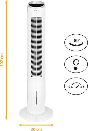 Баштовий вентилятор TZS з водяним охолодженням і дистанційним керуванням - великий і дуже тихий повітряний охолоджувач 102 см - коливання 80 з функцією таймера & 3 рівні - стоячий вентилятор з дисплеєм, сенсорний датчик - білий