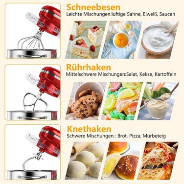 Кухонна машина AUMATE 1400W, 8 л, з міксером, гаком для тіста та вінчиком (червона)