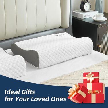 Подушка NOFFA з піною з пам'яті Memory Foam, ортопедична, для сну на спині, боці та животі, регульована висота та жорсткість, 55 x 35 x (11/8, 8/5) см, 60 x 35 x 12 см, сірий & білий колір