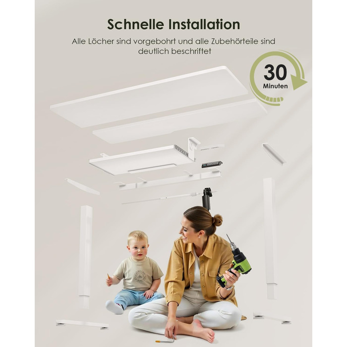 Електричний регульований стіл OffiGo 100x50 см з підставкою для клавіатури, 3 функції пам'яті, білий | Стіл для роботи та навчання