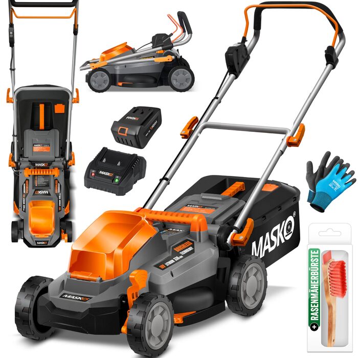 Акумуляторний газонокосарка MASKO з функцією мульчування, 2 акумулятори Li-Ion 4Ah, подвійний зарядний пристрій, триммер, ширина косіння 37 см, 6 положень висоти, кошик 40 л, площа до 600 м², в комплекті рукавички та щітка (ширина косіння 33 см, чорний/по