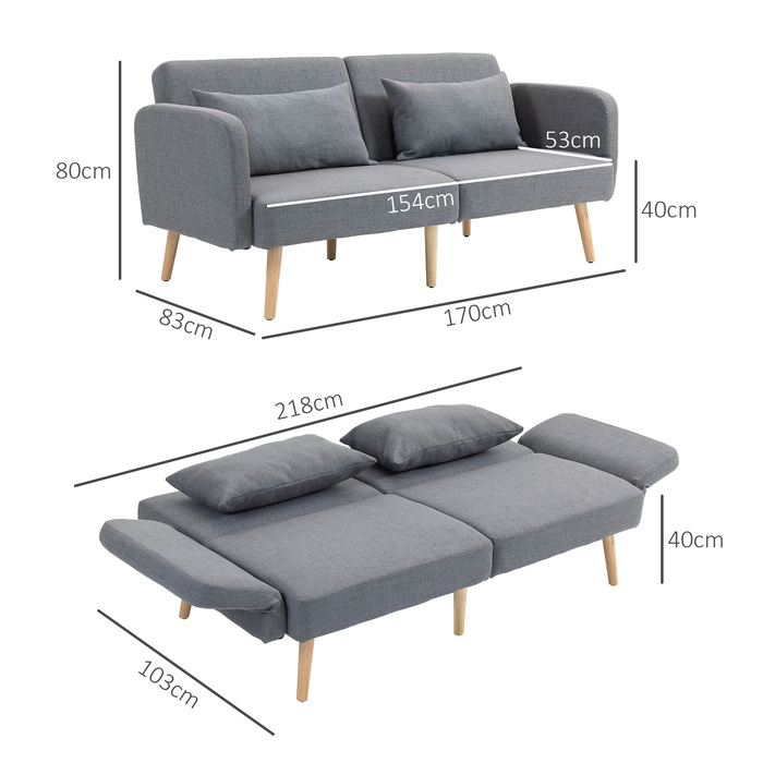 HOMCOM 3-місний диван з функцією сну, 170x83x80см, з 3-ступінчастою регульованою спинкою і ніжками, пружини хвилі, подушка, лляний вигляд, сірий