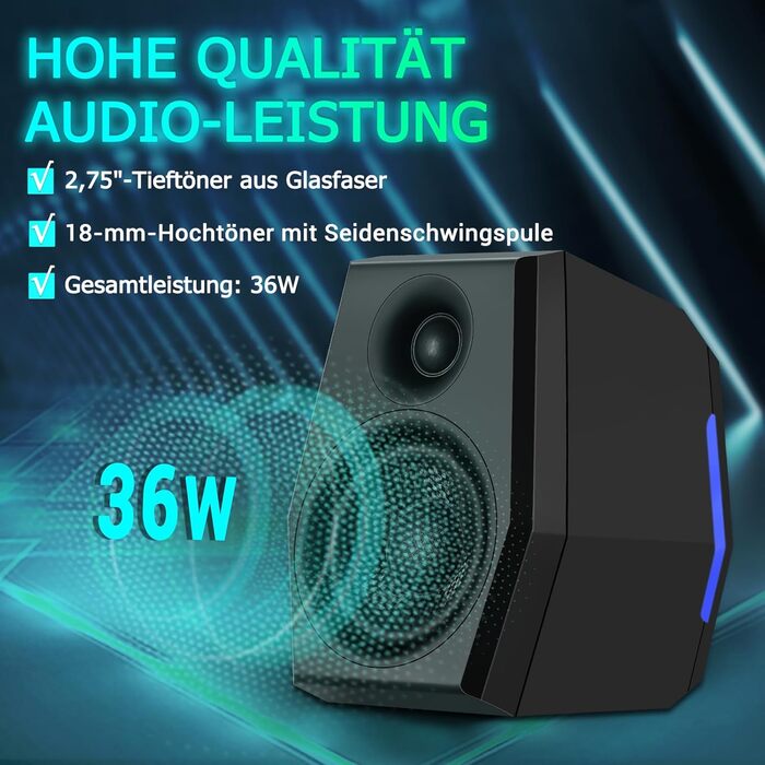 Sanyun SW209 - Комп'ютерні ігрові колонки 36W з RGB-підсвічуванням, Bluetooth 5.2, USB/AUX, 3 режими EQ (Гра/Фільм/Музика)