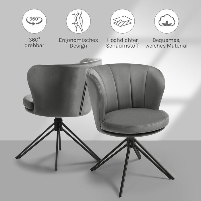 Крісла для обідньої зони WOLTU (2 шт), крісла з обертанням на 360°, м'які крісла з велюру, крісла для макіяжу з підлокітниками, ергономічні, витримують до 150 кг, темно-сірий колір