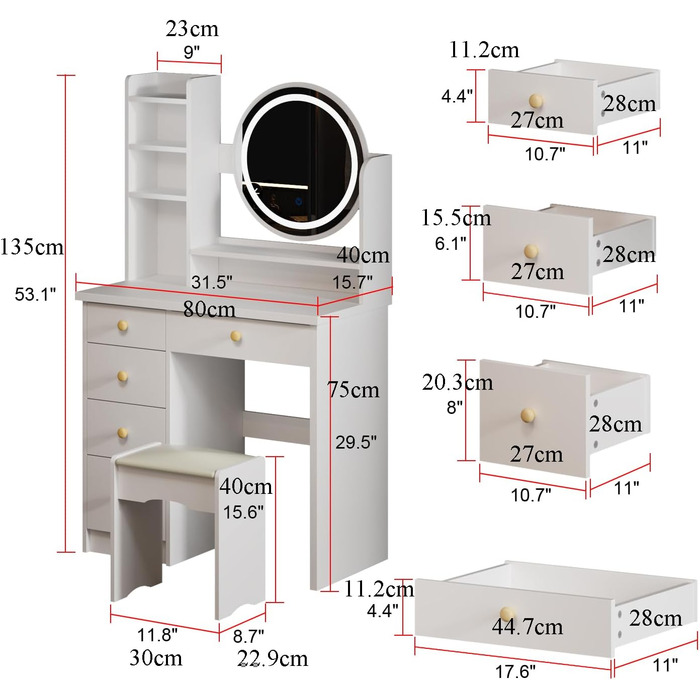 Туалетний столик з LED , 5 ящиків, дзеркало, табурет, білий, 80x40x135 см, спальня 0003