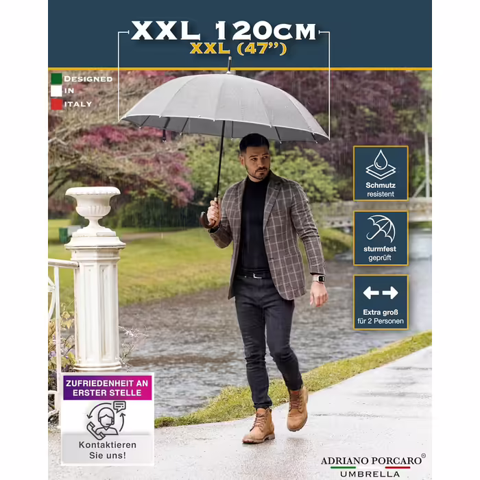 Парасолька ADRIANO PORCARO XXL 120 см, вітростійка, з відбивним кантом, 12 спиць, сіра, для чоловіків і жінок, з чохлом