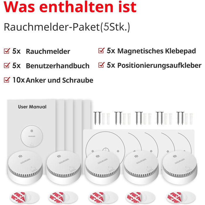 Датчики диму Rauchmelder з магнітним кріпленням, 10 років роботи від батареї, з функцією вимкнення/тестування, сертифіковано TÜV EN 14604 (5 шт.)