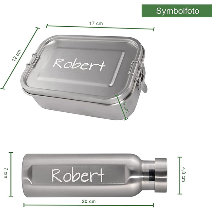 Ланчбокс з нержавіючої сталі з гравіюванням імені + пляшка для води – 800 мл, 470 мл, з роздільником, захист від протікання, бенто-бокс – подарунок, 1 вересня, спорт, відпочинок на природі