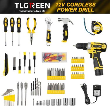 Набір інструментів TLGREEN з акумуляторною викруткою 12V, 138 предметів у кейсі для ремонту та побутових робіт (жовтий)