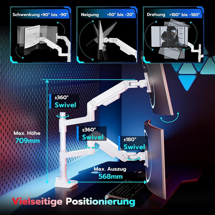 Кріплення для монітора ARES WING для 2 моніторів, 17-49 дюймів, газ-амортизатор, регулювання висоти, поворотний, VESA 75/100 мм, 2-20 кг, білий